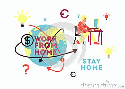 Freelance work from home. World online business conceptual retro poster with young man. Vector illustration. Vector Illustration